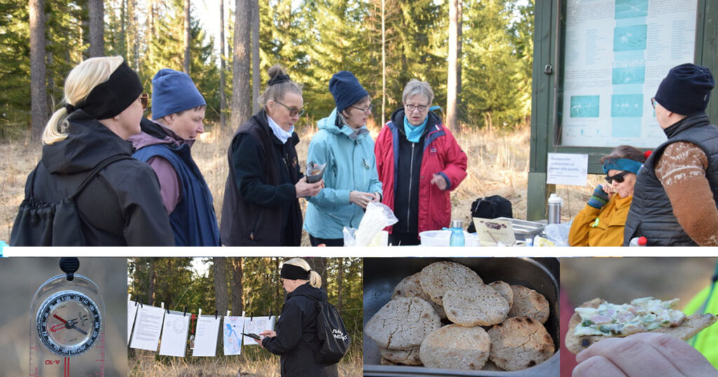 Kuvituskuva suunnistuksesta ja naisista keskustelemassa metsässä.